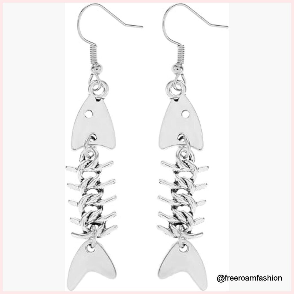 Zinc Alloy Fish Bone Dangle Earrings Y2K Grunge Gothic Jewelry